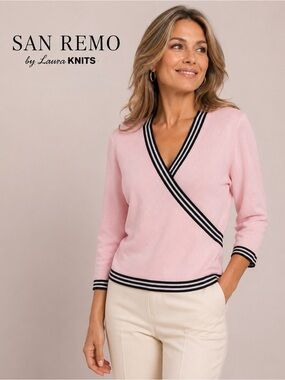 SAN REMO Satiné Wrap-Style Knit Sweater Pink Black Trim
